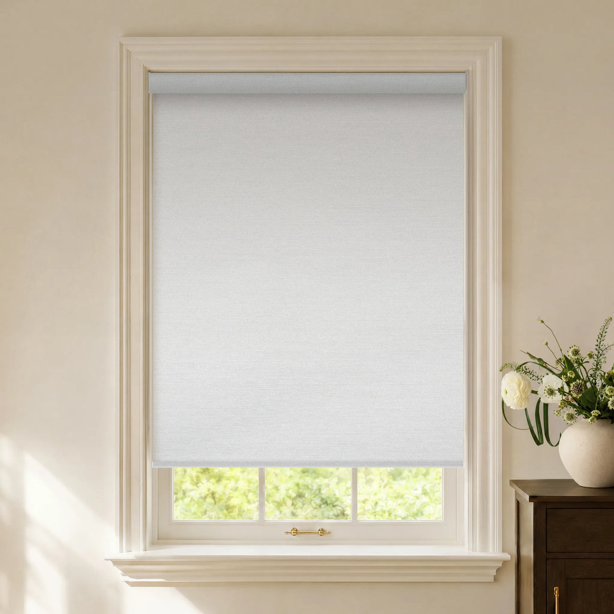Pure white textured blackout roller shades for simple room darkening and privacy
