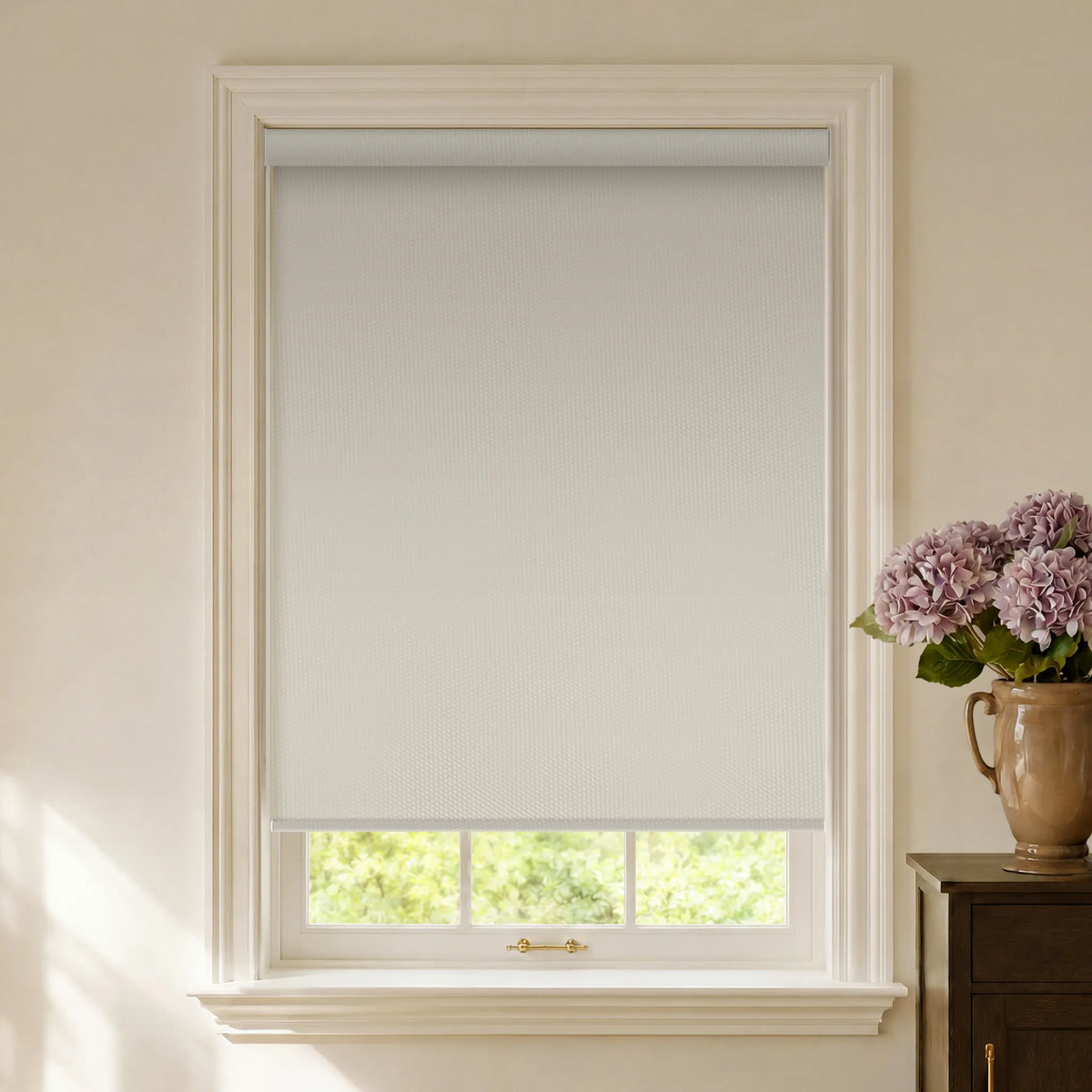 Beige vinyl blackout roller shades for durable privacy and room darkening
