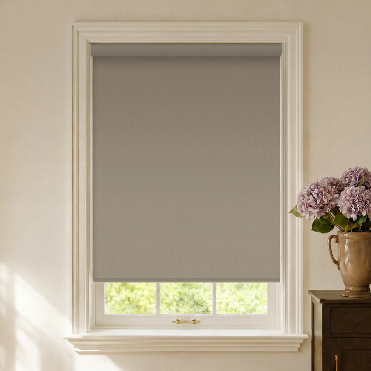 Coffee vinyl blackout roller shades for warm light blocking and privacy