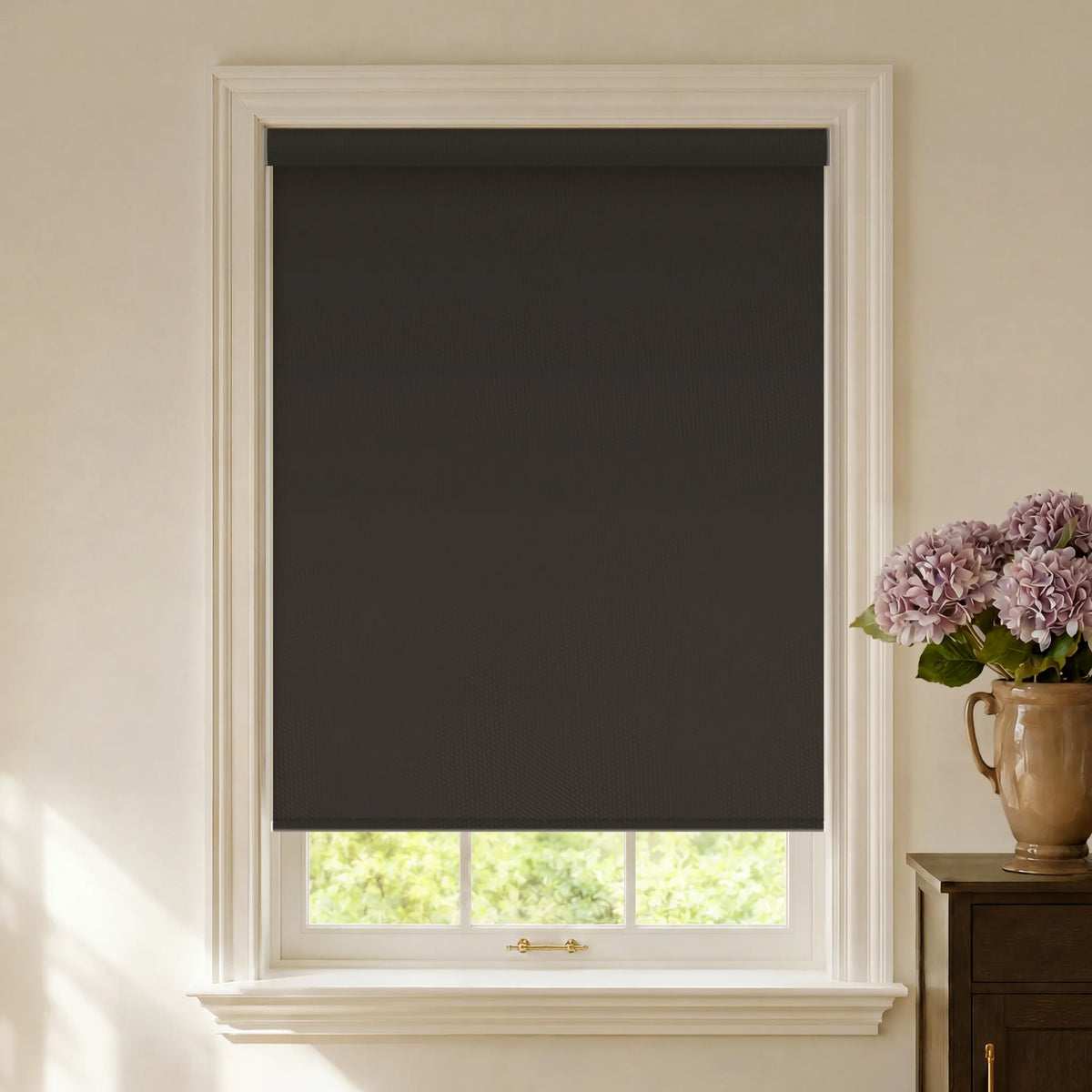 Dark grey vinyl blackout roller shades for modern blackout light control