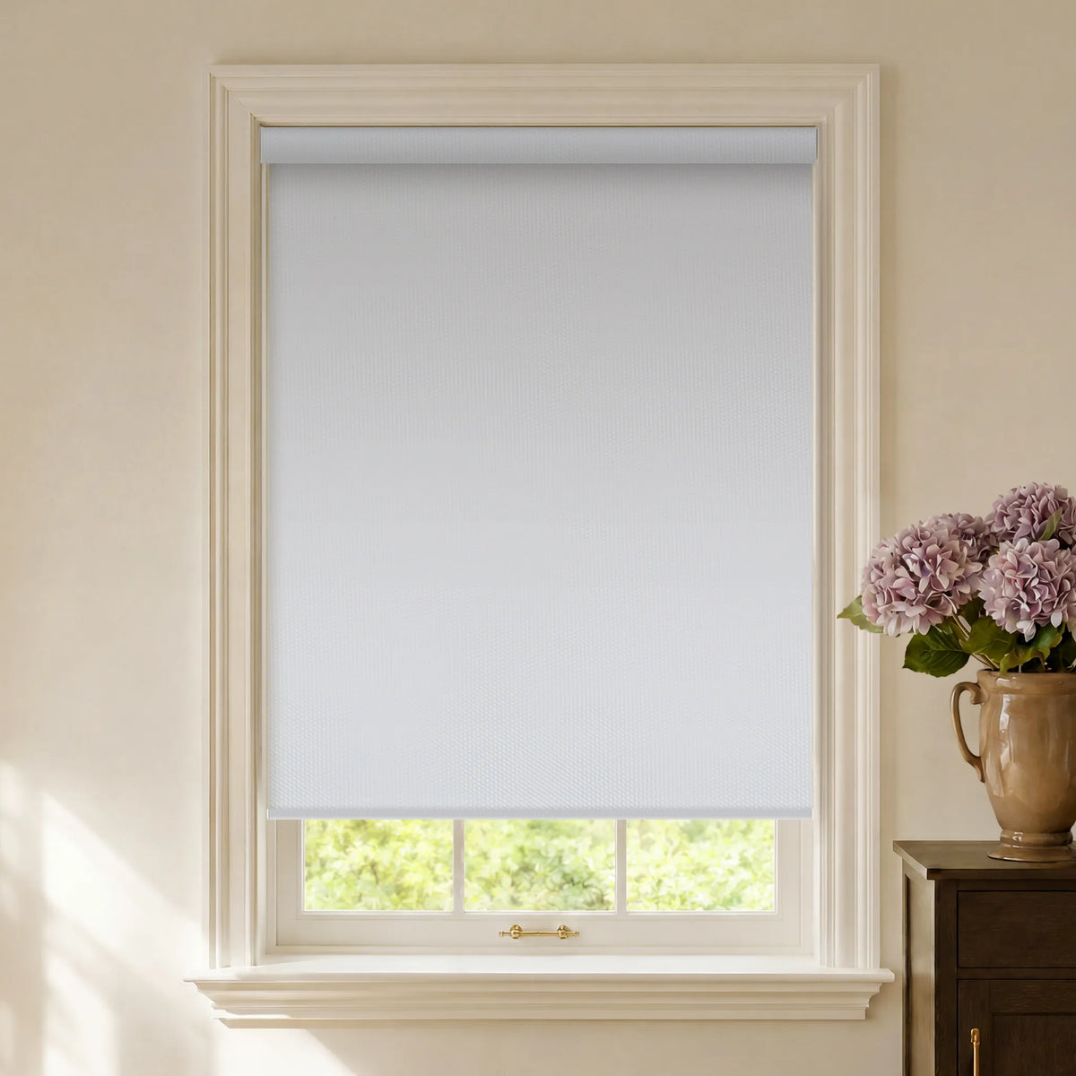 White vinyl blackout roller shades for durable room darkening and privacy