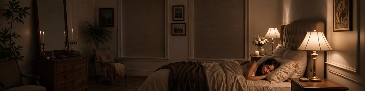A person lying in bed in a dimly lit bedroom, with bedside tables, lit lamps, framed wall art, and a dresser visible in the background.