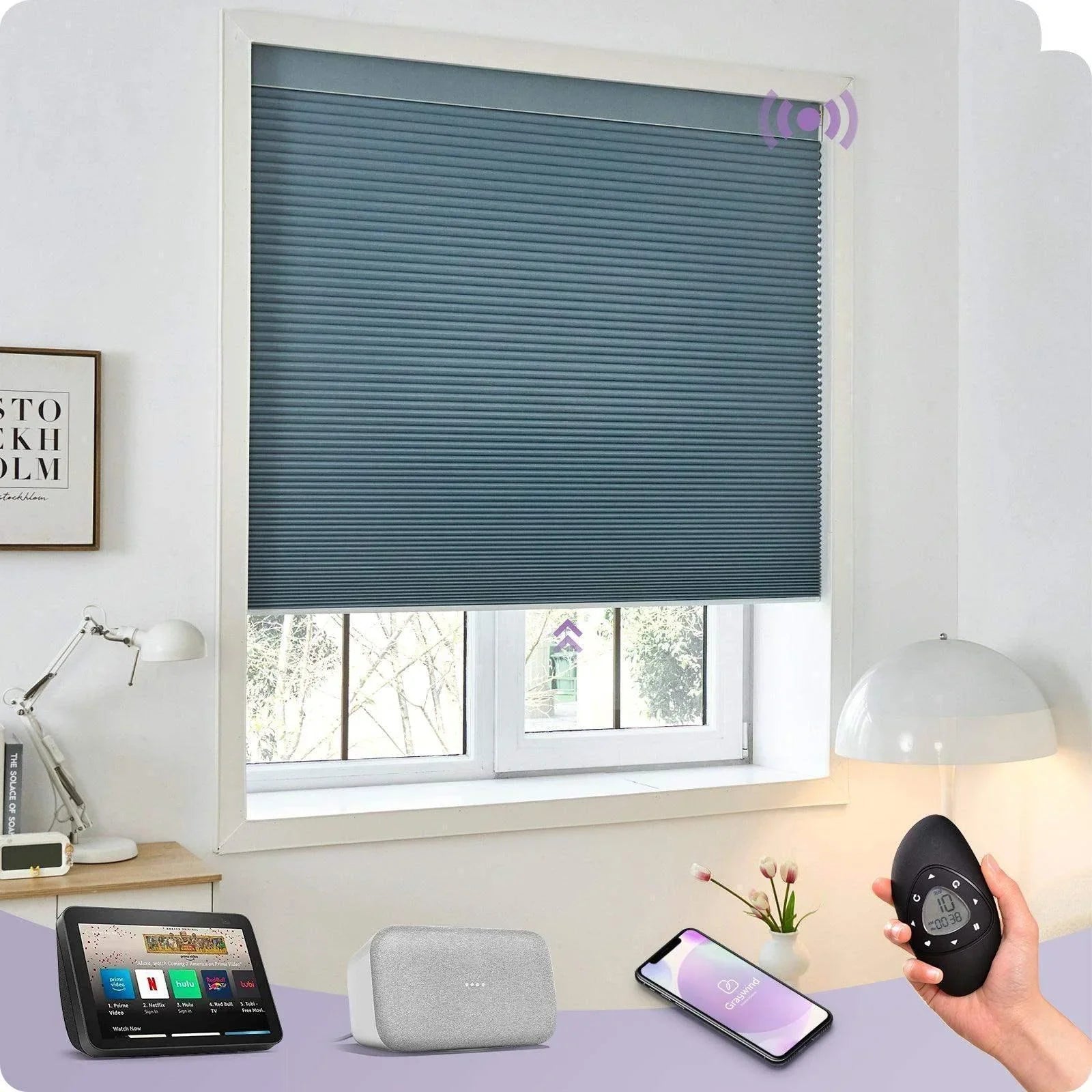 Blue smart cellular shade on window, compatible with Alexa and remote control, modern room
