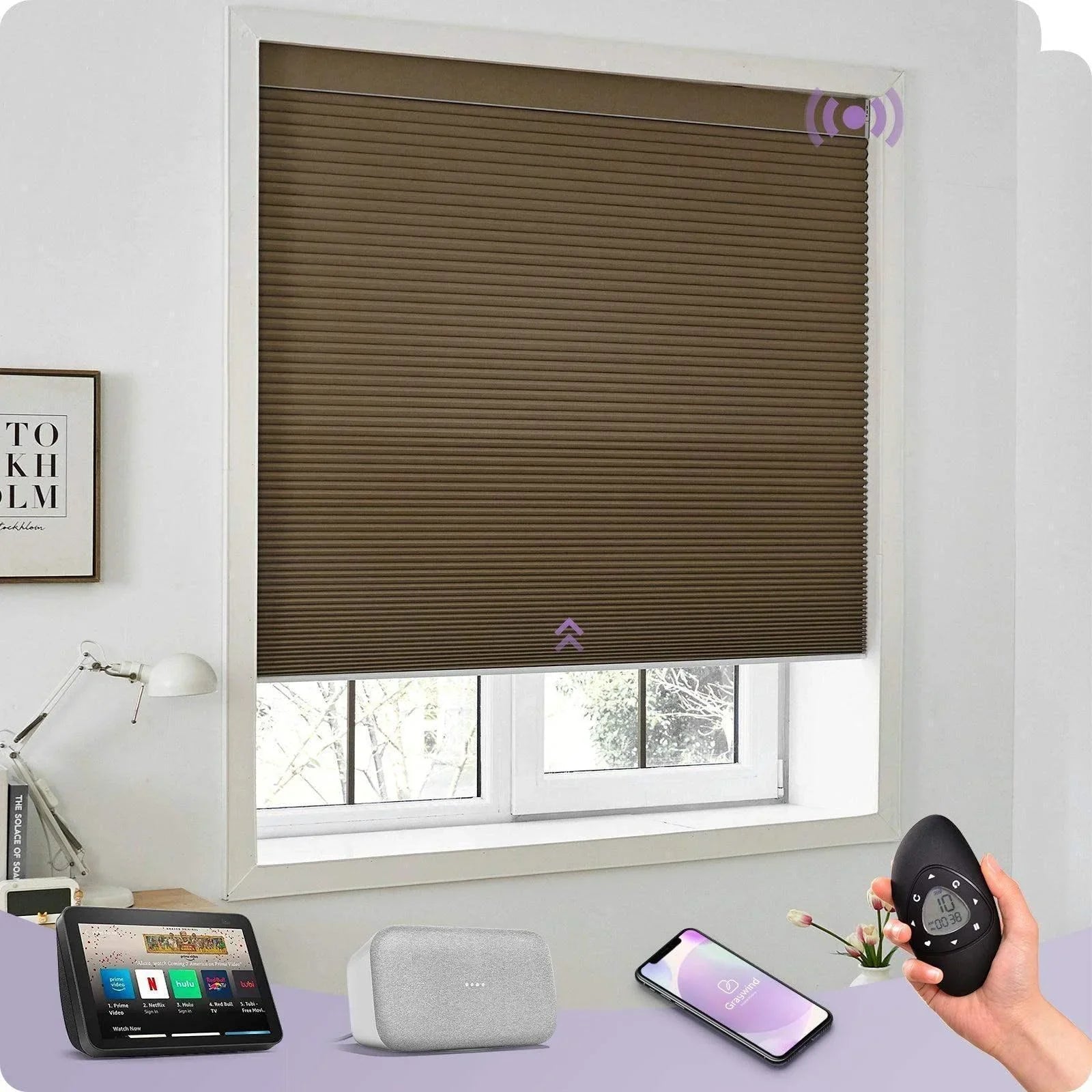 Brown smart motorized cellular shade on window, shown with remote, smartphone, and smart home devices.