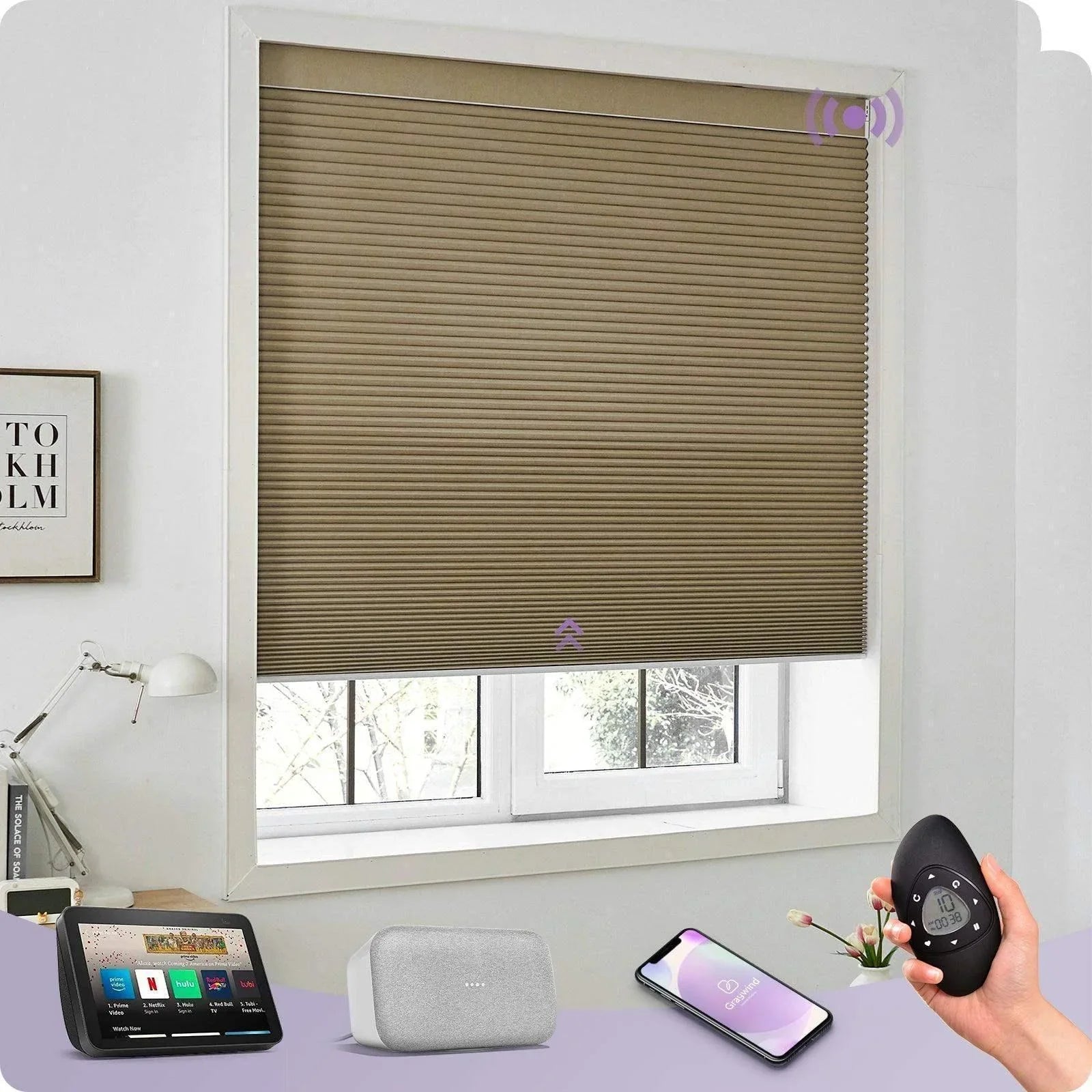 Burlywood smart cellular shade on window, controlled by remote, smart speaker, and smartphone.