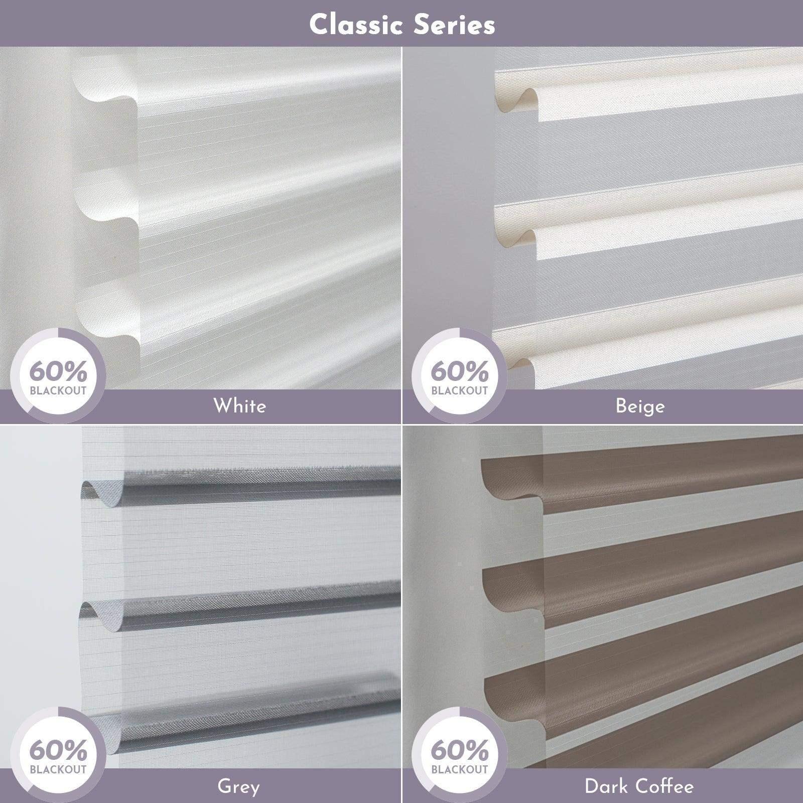 Classic Series window shades in white, beige, grey, and dark coffee, 60% blackout.