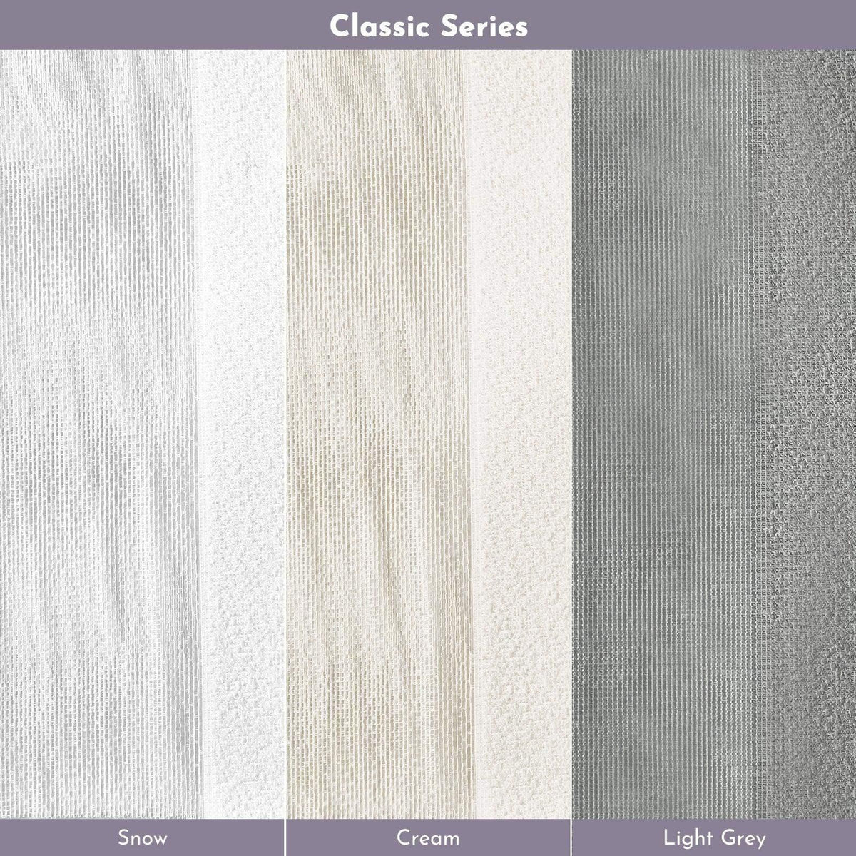 Classic Series window shade fabric swatches in Snow, Cream, and Light Grey colors