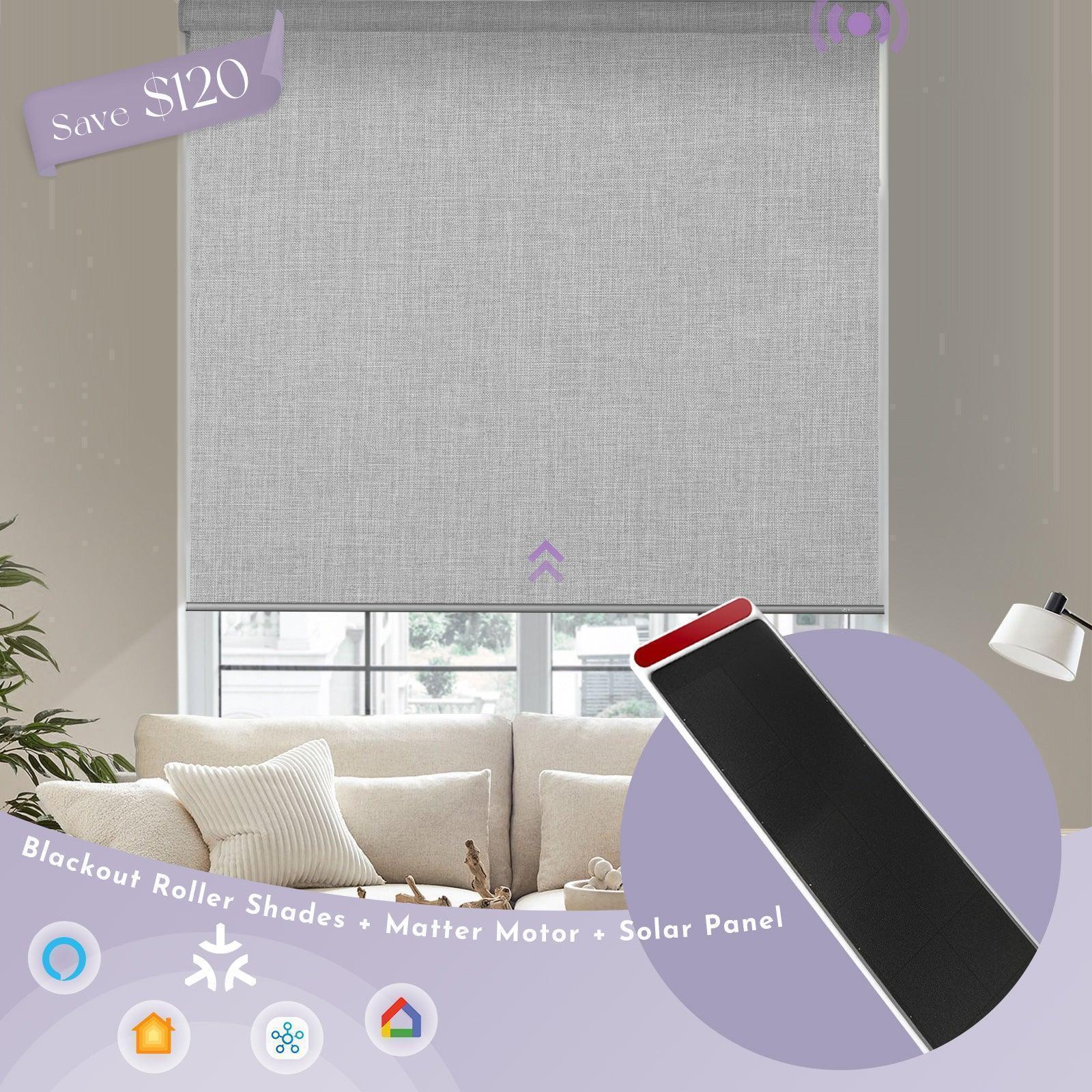 Cloudy grey blackout roller shades with smart motor, solar panel, modern living room setting