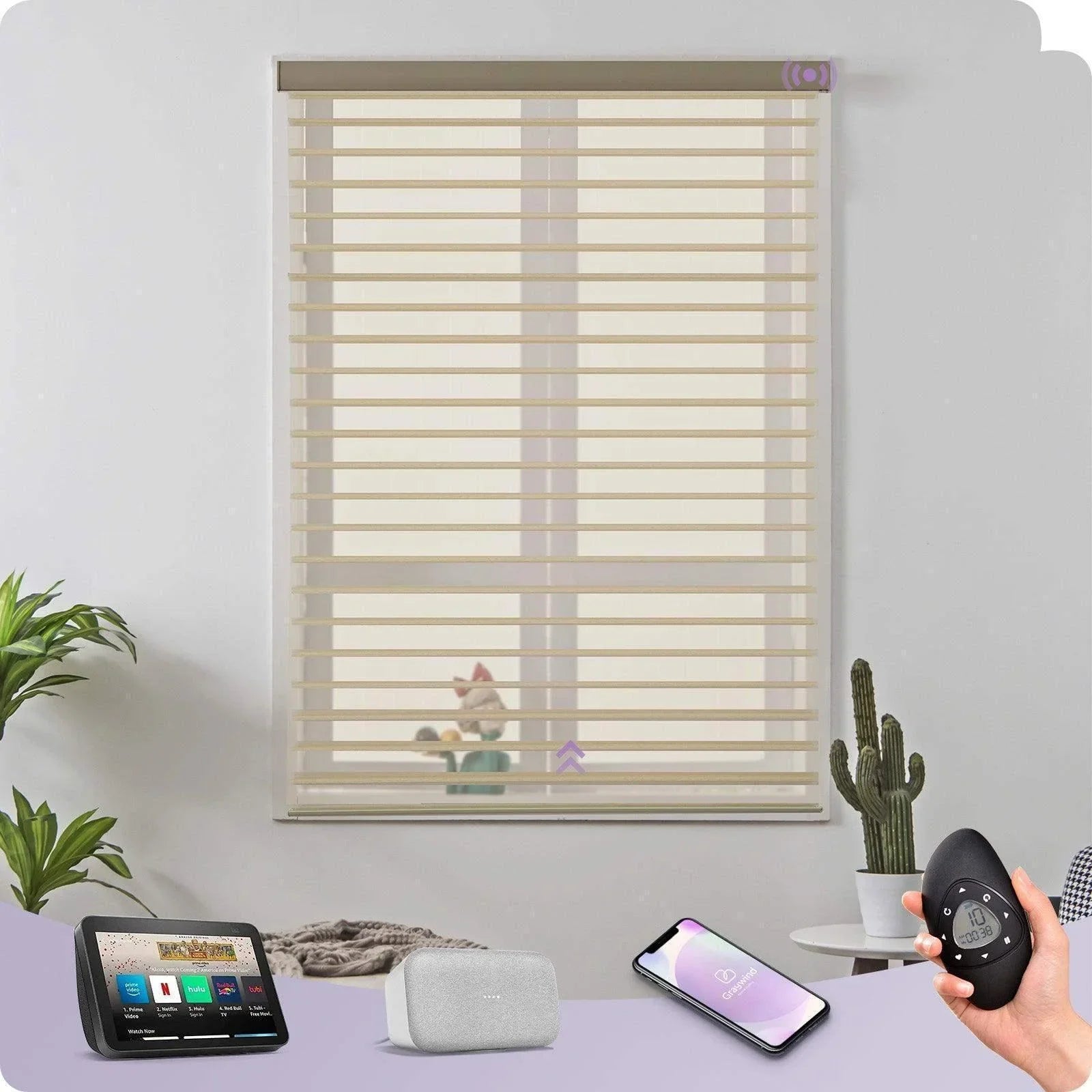 Smart beige window blinds in modern room with Alexa, Google speaker, smartphone app, and remote control