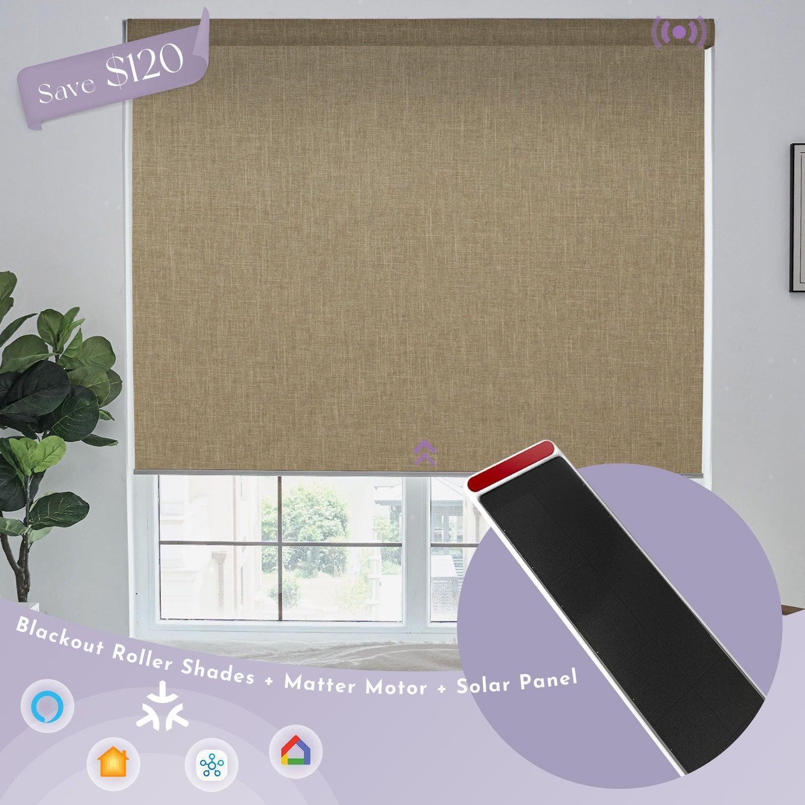 Blackout roller shade with Matter motor and solar panel in modern room setting