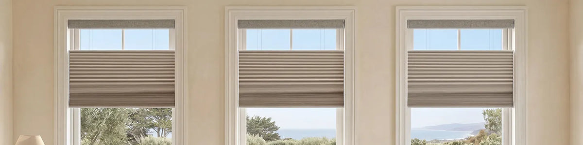 Three windows with cordless top down bottom up cellular shades​ in a room with a view of trees and sky.