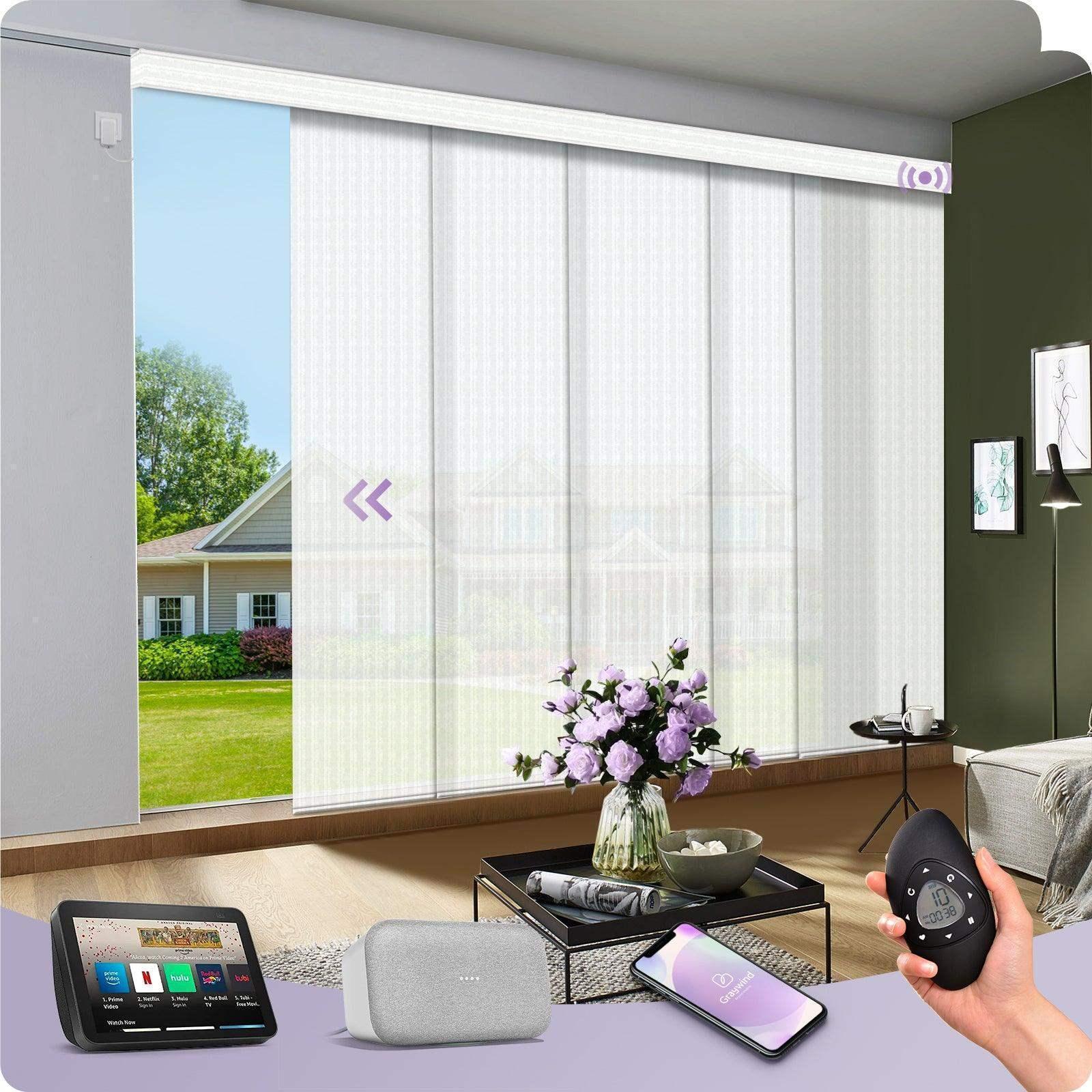 Smart motorized panel track blinds with remote, compatible with smart home devices, in modern living room