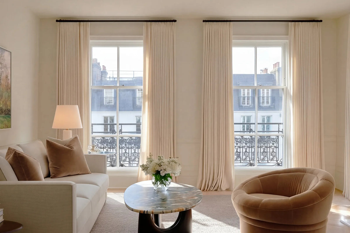 Panels extend past the window frame for a fuller, more balanced look.
