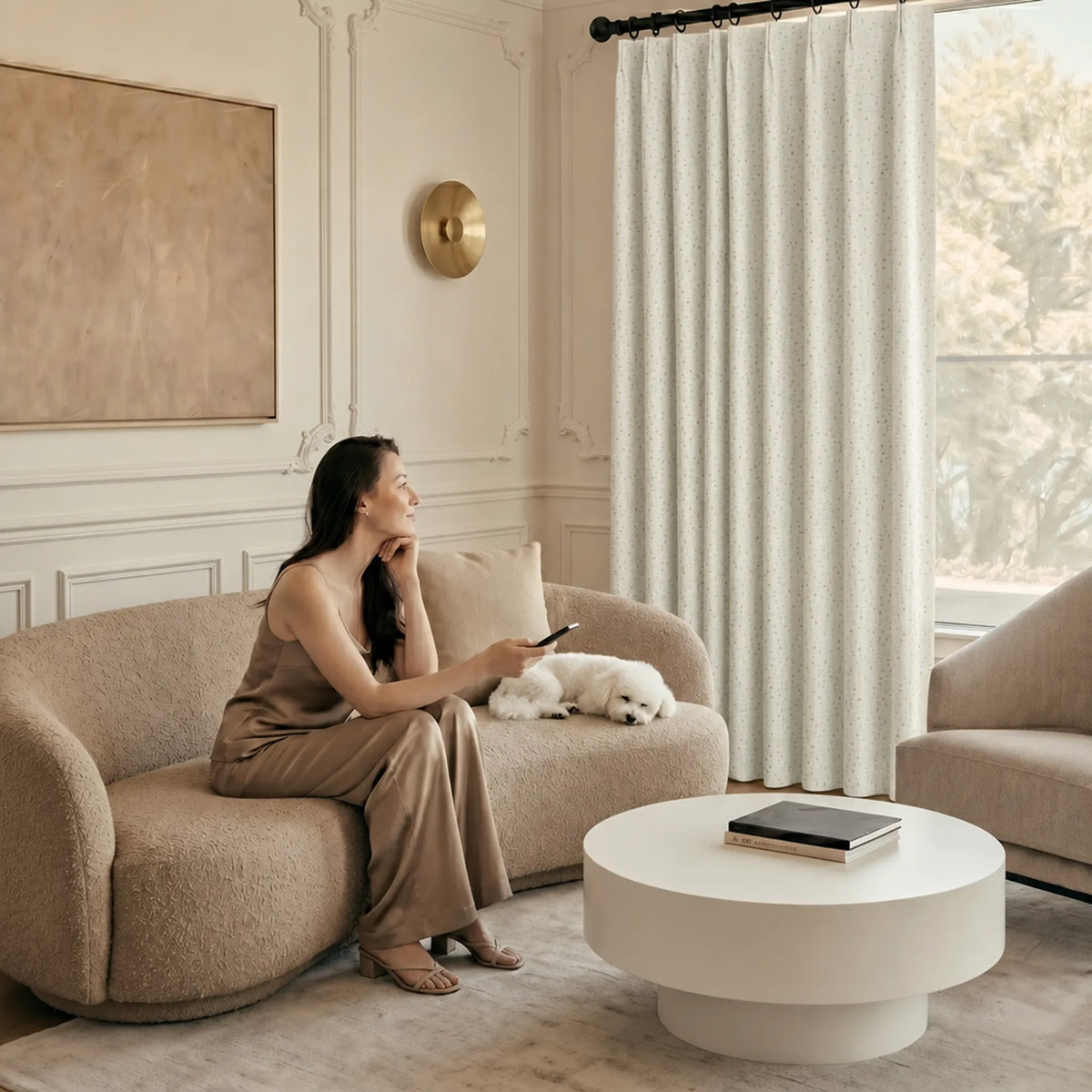 Woman sitting on a beige sofa with a dog in a stylish living room.