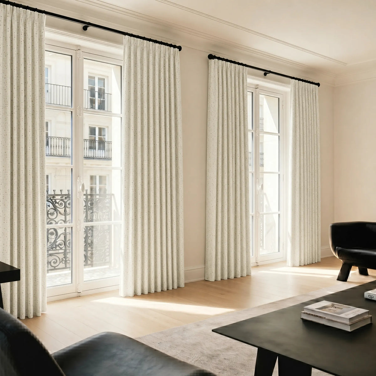 Living room with large windows and white curtains with rod.