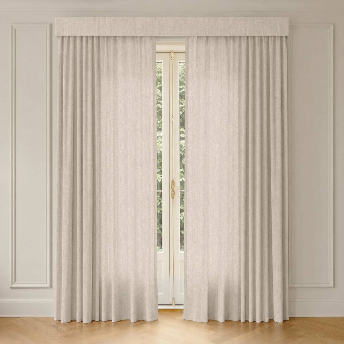 White curtains with track hanging in front of a window with a neutral-colored wall.