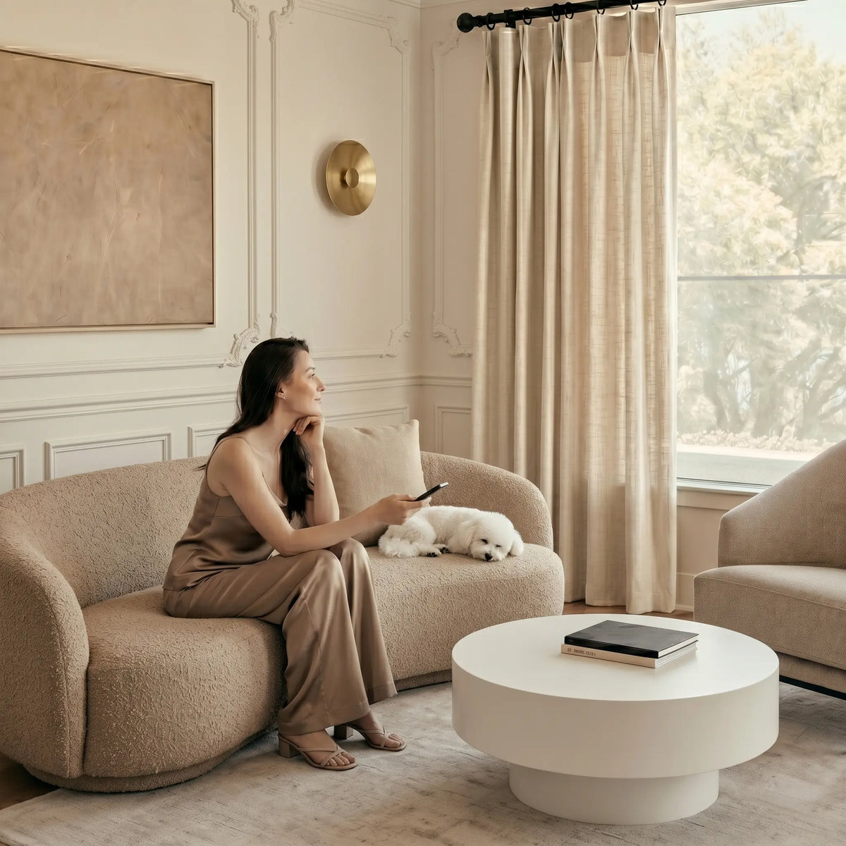 Woman sitting on a beige sofa in a stylish living room with a dog and light filtering curtains.