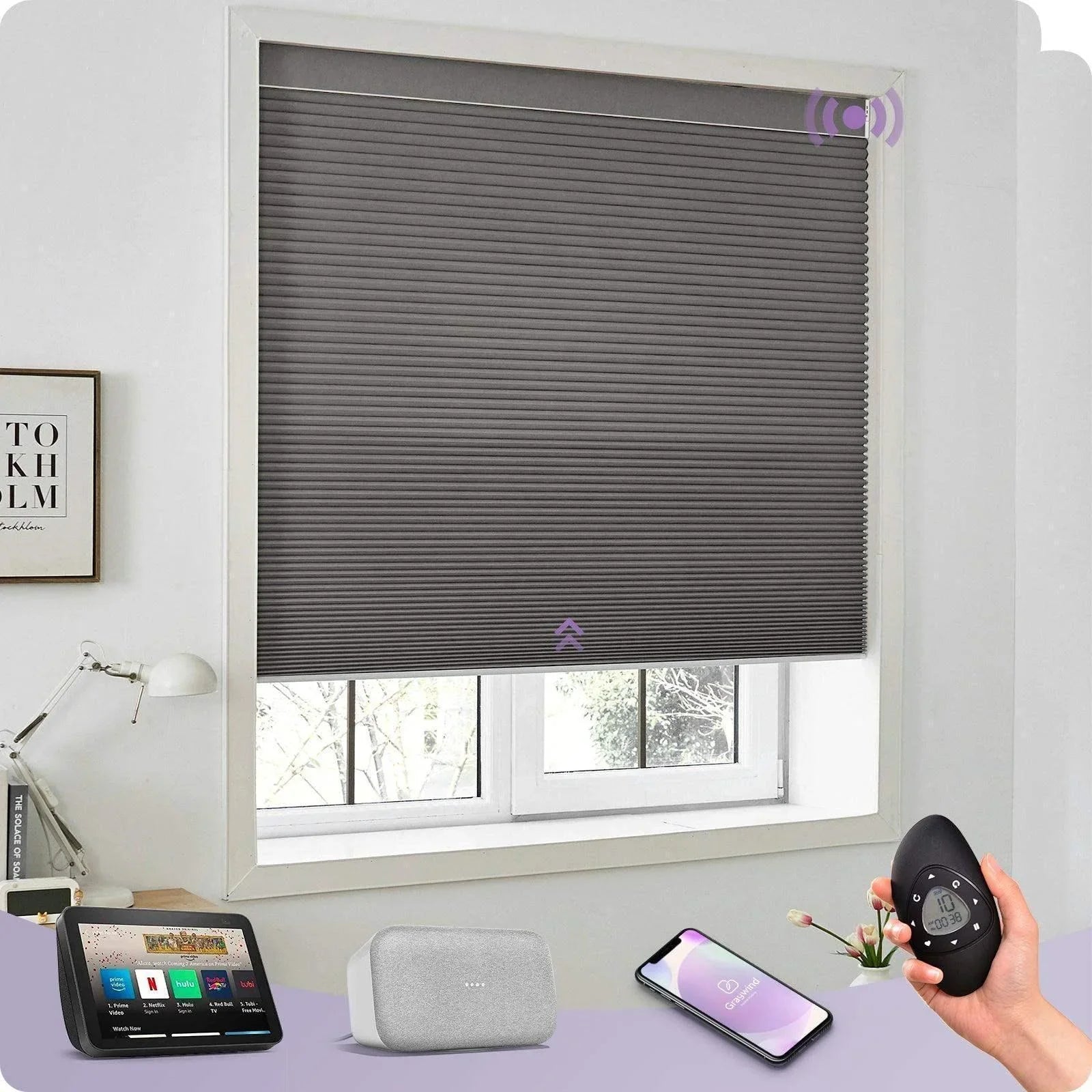 Dark grey smart window shade in home office, compatible with remote, smartphone, and voice assistants