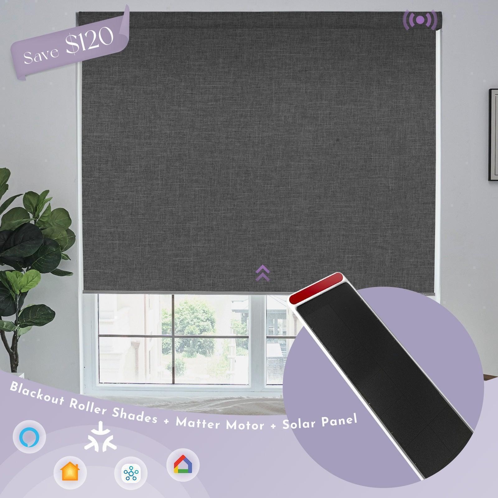 Dark grey blackout roller shades with Matter motor, solar panel, and smart home icons