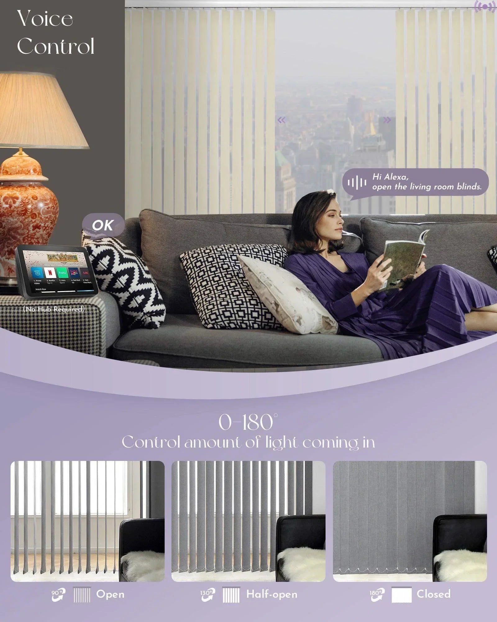 Smart beige vertical blinds in living room with voice control, adjusts for light and privacy
