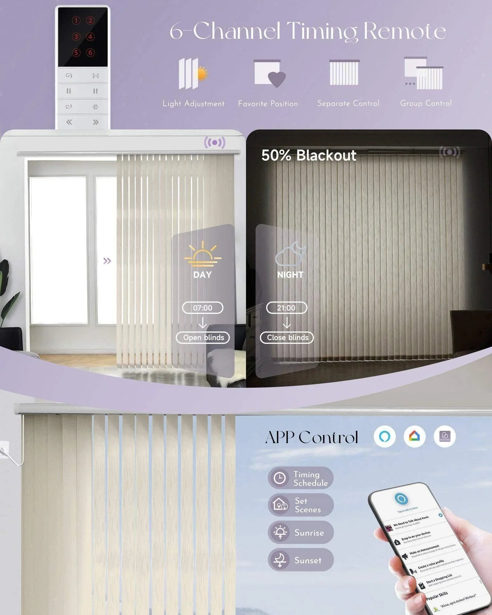 Beige smart vertical blinds with remote and app control, 50% blackout, light adjustment options