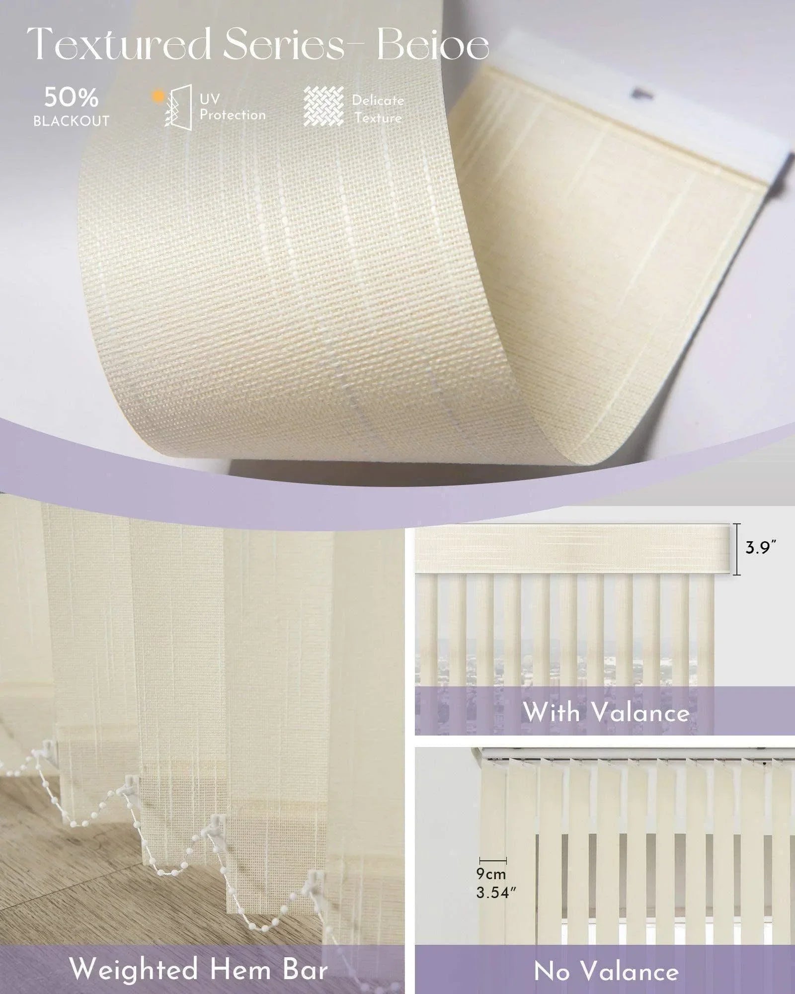 Beige dimout textured vertical blinds with UV protection, blackout fabric, weighted hem bar.