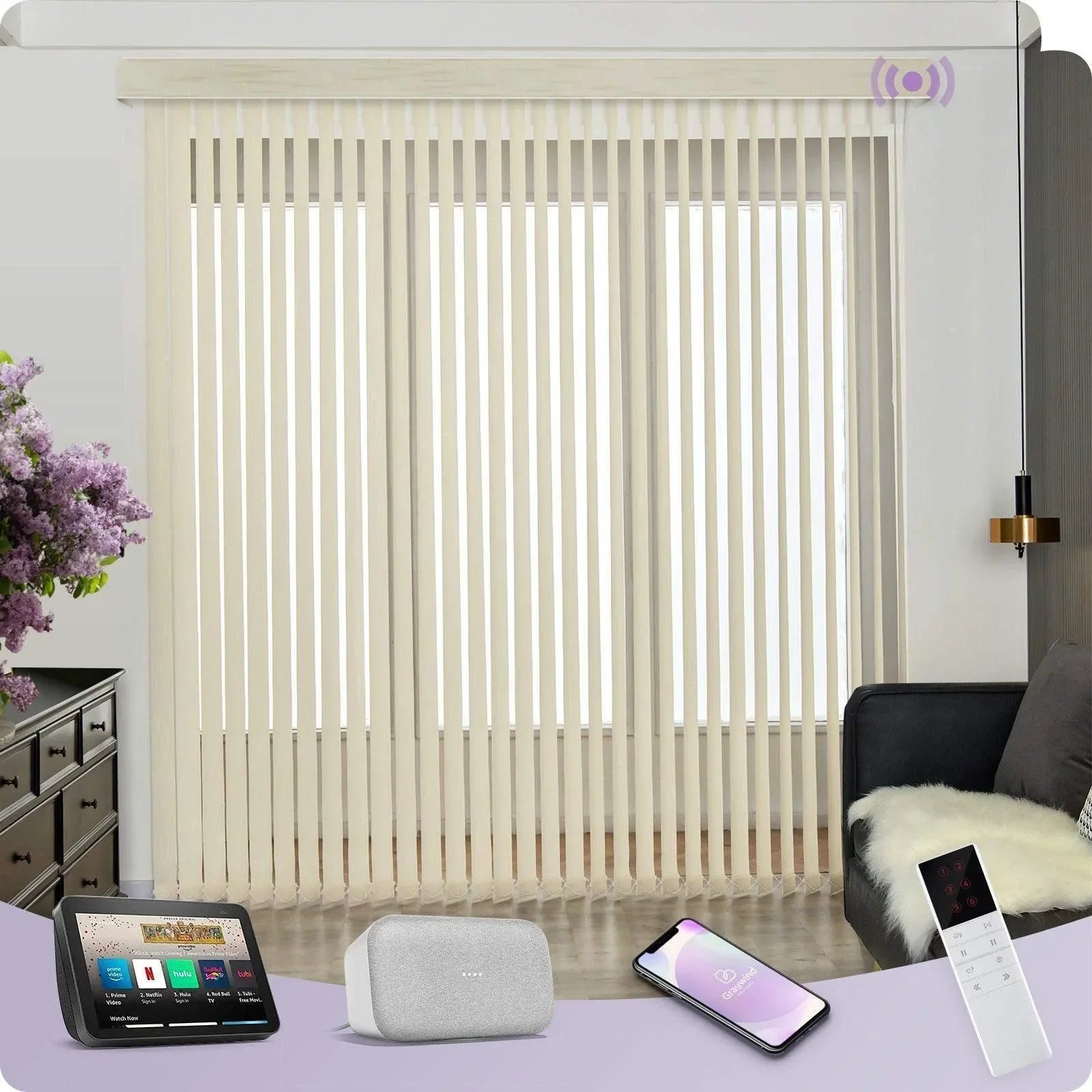 Beige dimout smart vertical blinds on large window, compatible with smart home devices