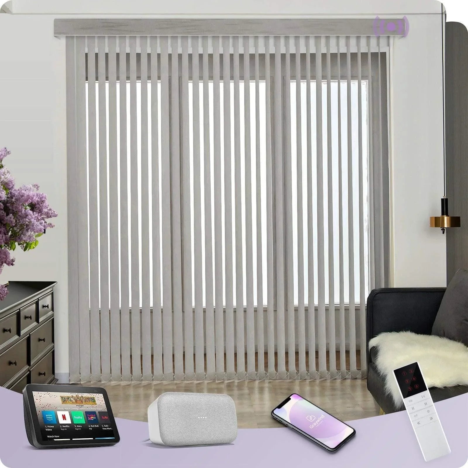 Dimout grey vertical blinds on large windows in a modern living room with smart home devices
