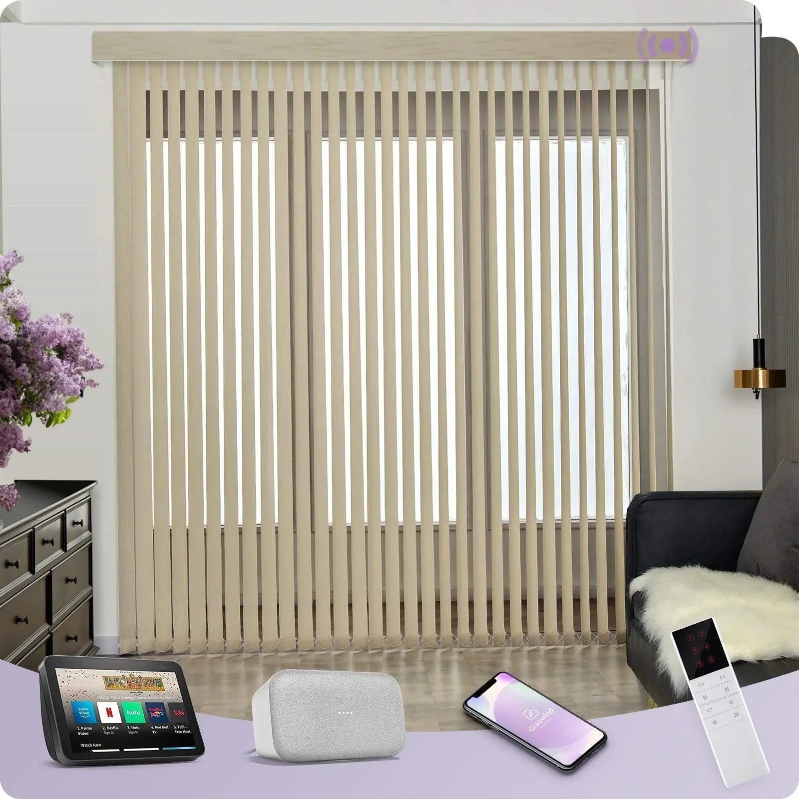 Khaki dimout vertical blinds on a large window, with smart home devices and a remote control in a modern living room setting.