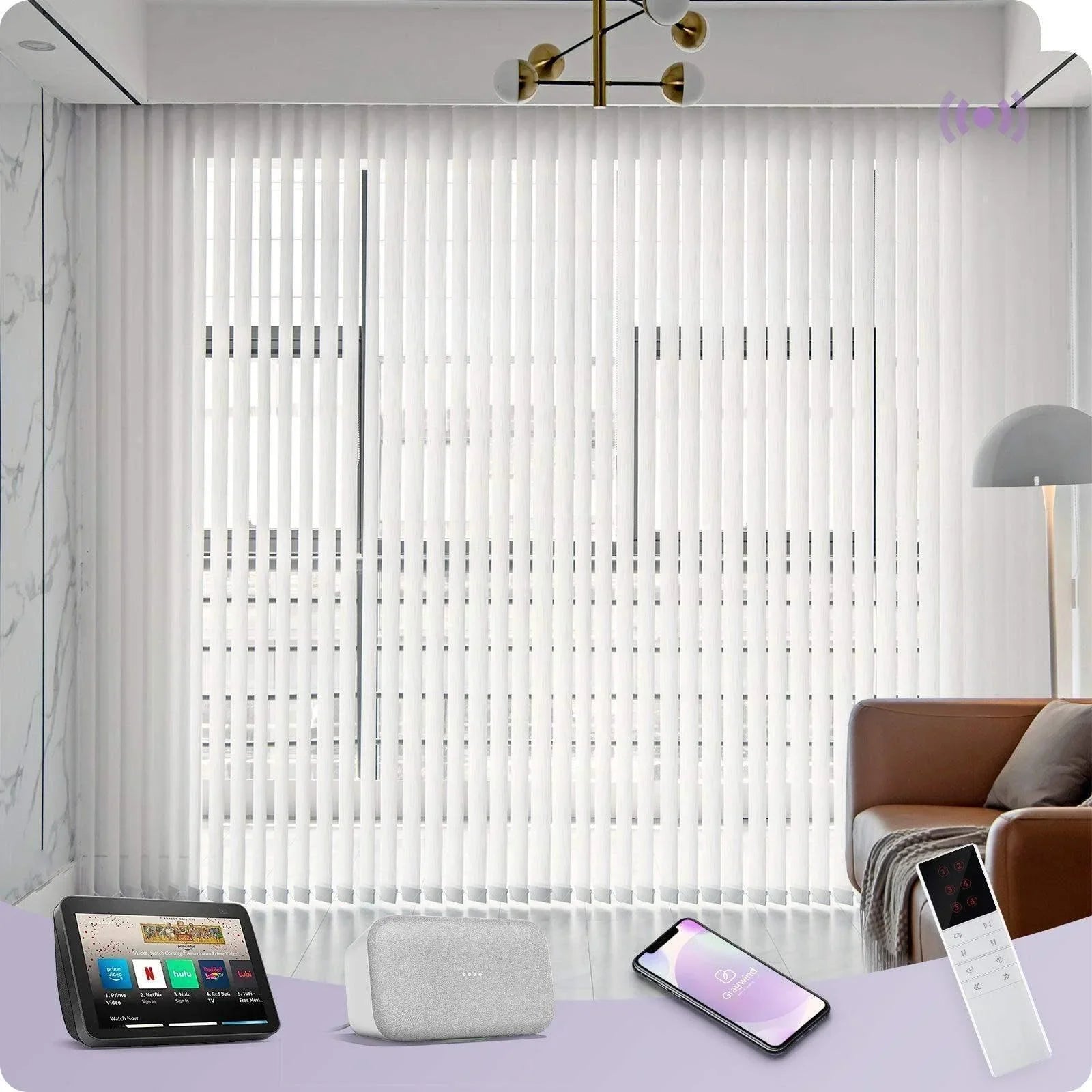 Smart white vertical blinds in modern living room, compatible with voice assistants and remote control.