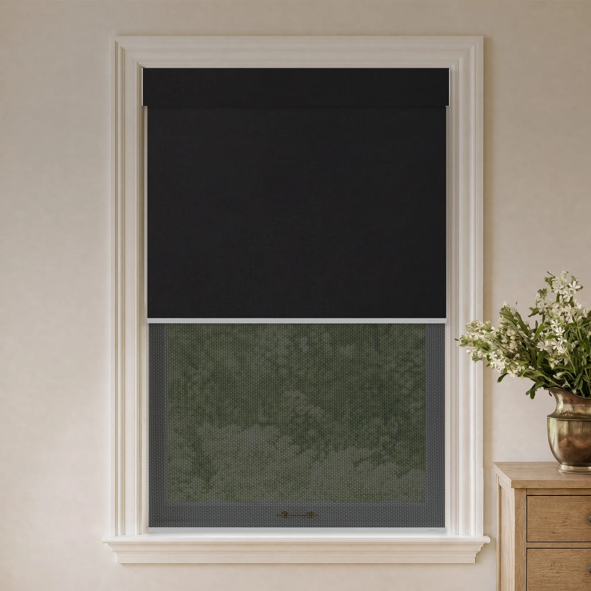 Black blackout dual roller shades paired with solar shades for privacy and light control