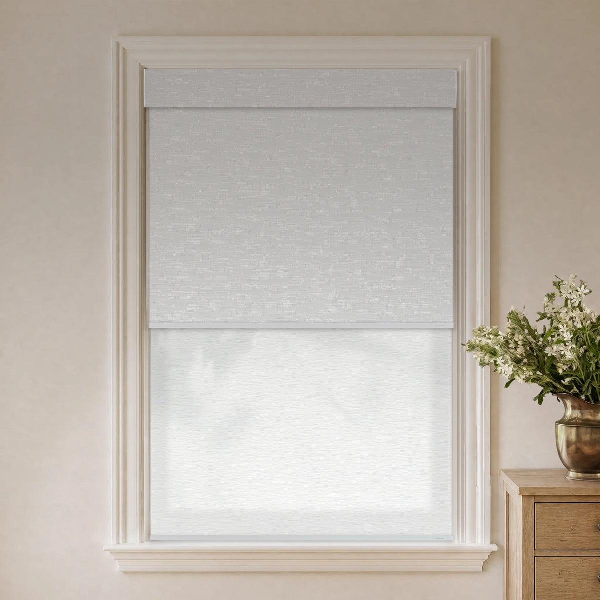 Jacquard white blackout dual roller shades with matching light filtering fabric