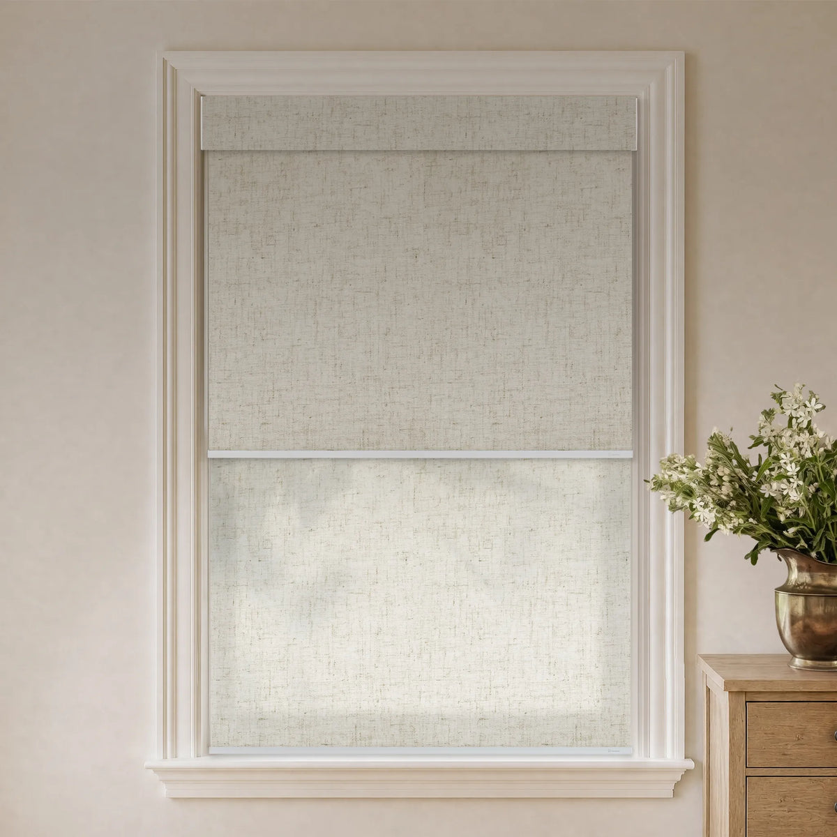 Linen beige blackout dual roller shades with matching light filtering fabric