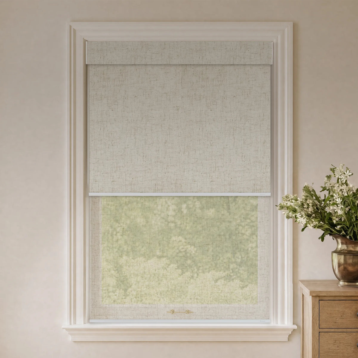 Linen beige blackout dual roller shades with matching light filtering fabric