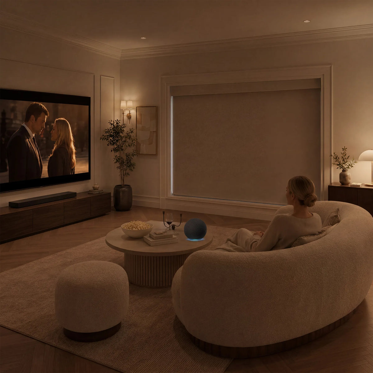 Blackout dual roller shades providing privacy and room darkening in a modern living room