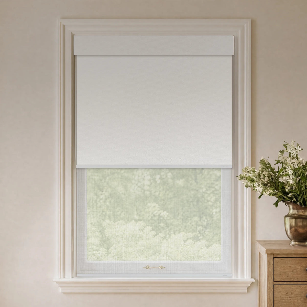 White blackout dual roller shades with sheer white fabric for soft filtered light