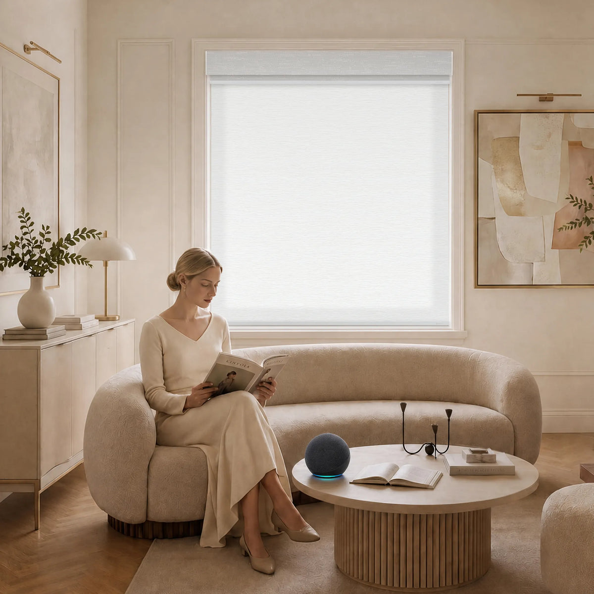 Motorized dual roller shades in a living room with smart remote control