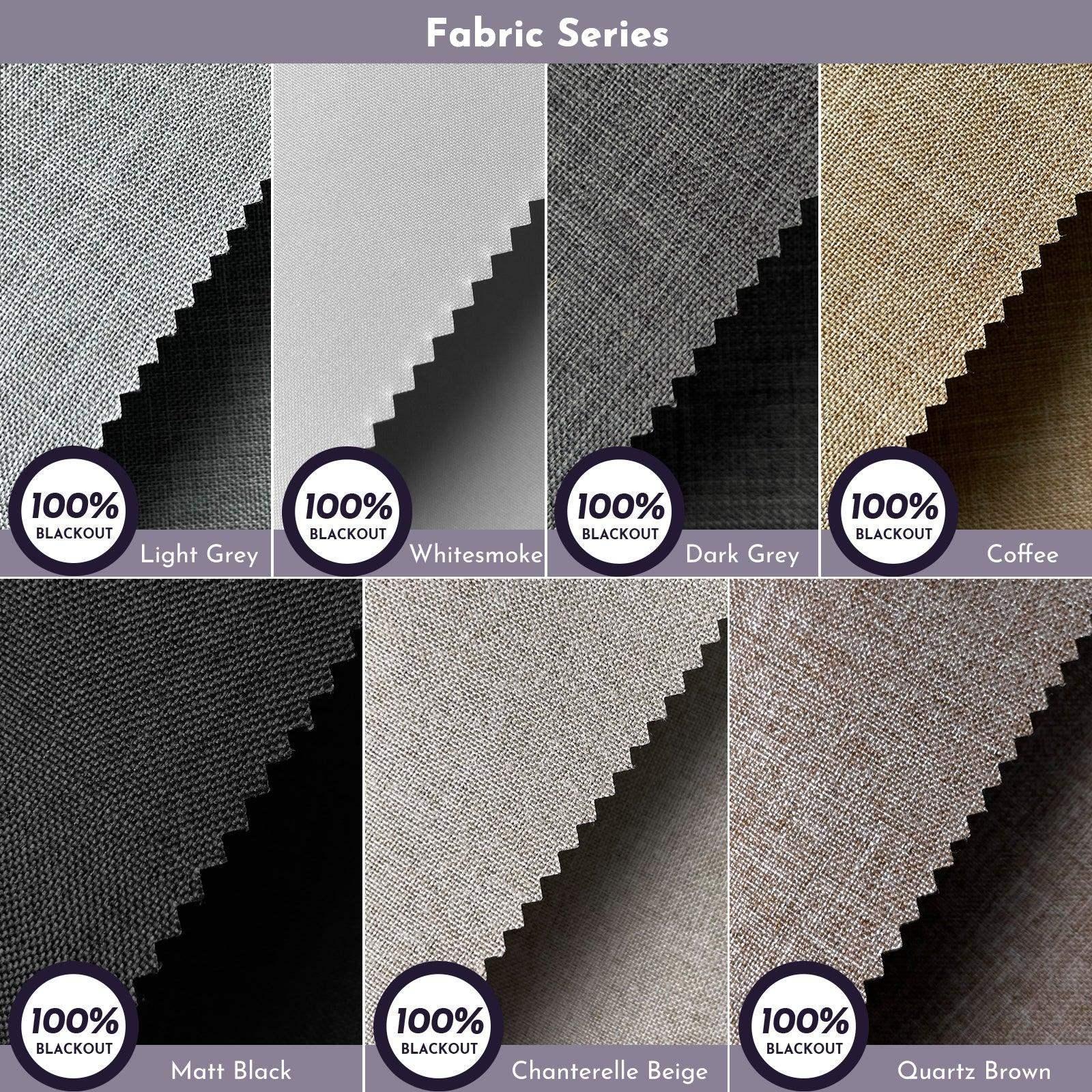 Six 100% blackout fabric swatches in light grey, whitesmoke, dark grey, coffee, matt black, beige, brown.