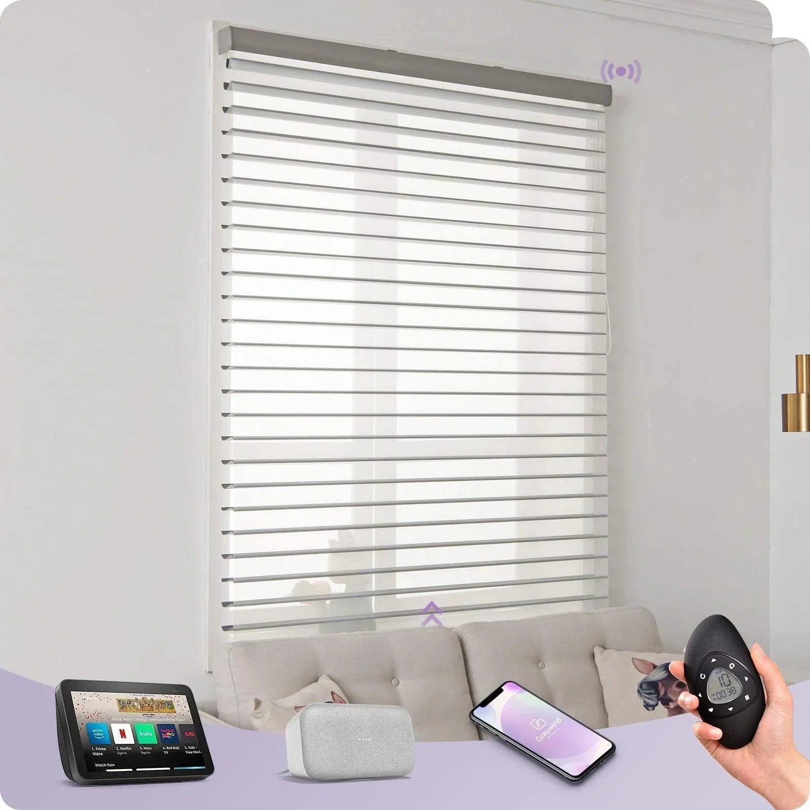 Smart motorized gray window blinds integrated with remote, phone app, and smart home devices