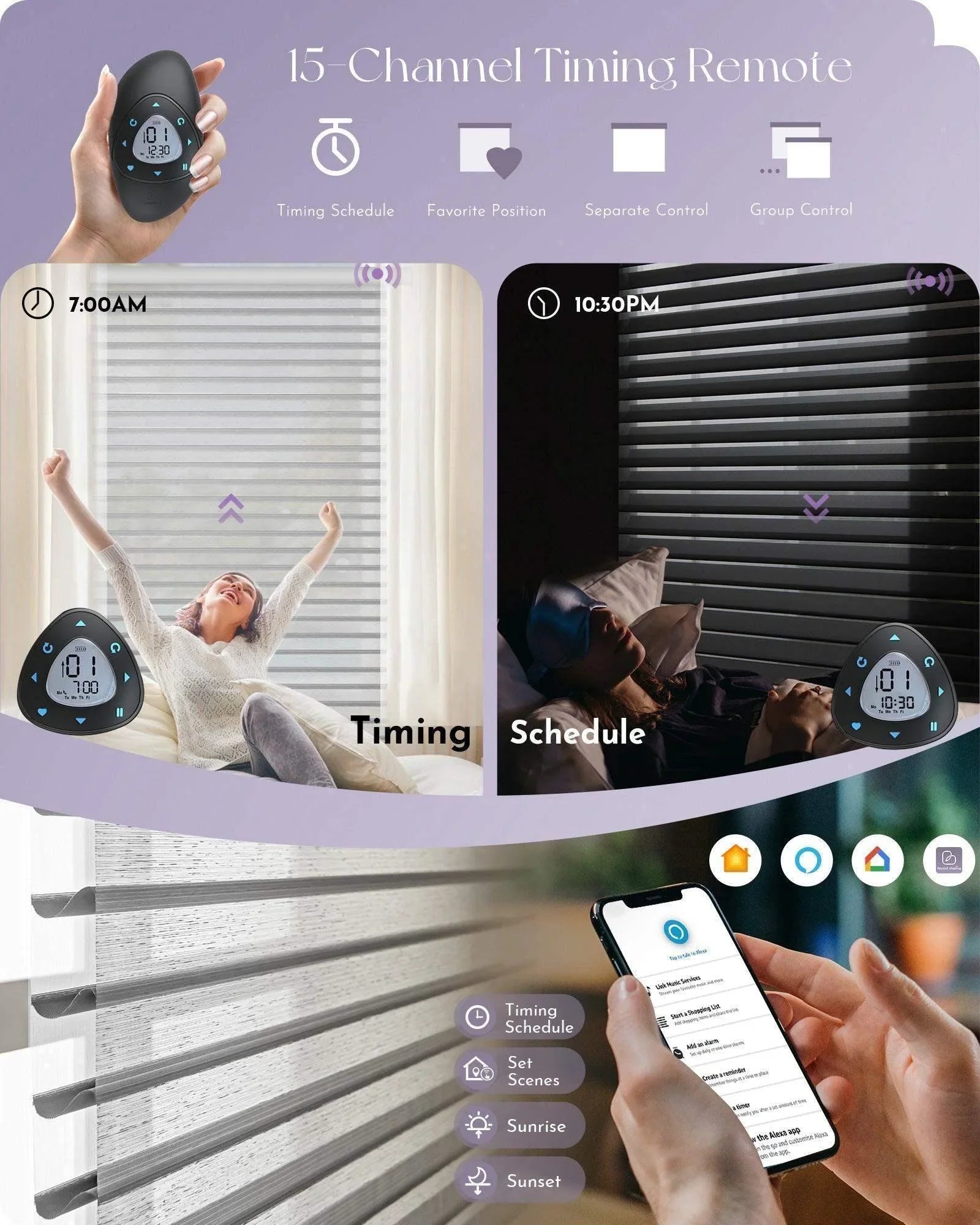 Smart remote-controlled grey window blinds with timing schedule and app integration, person adjusting settings by phone.