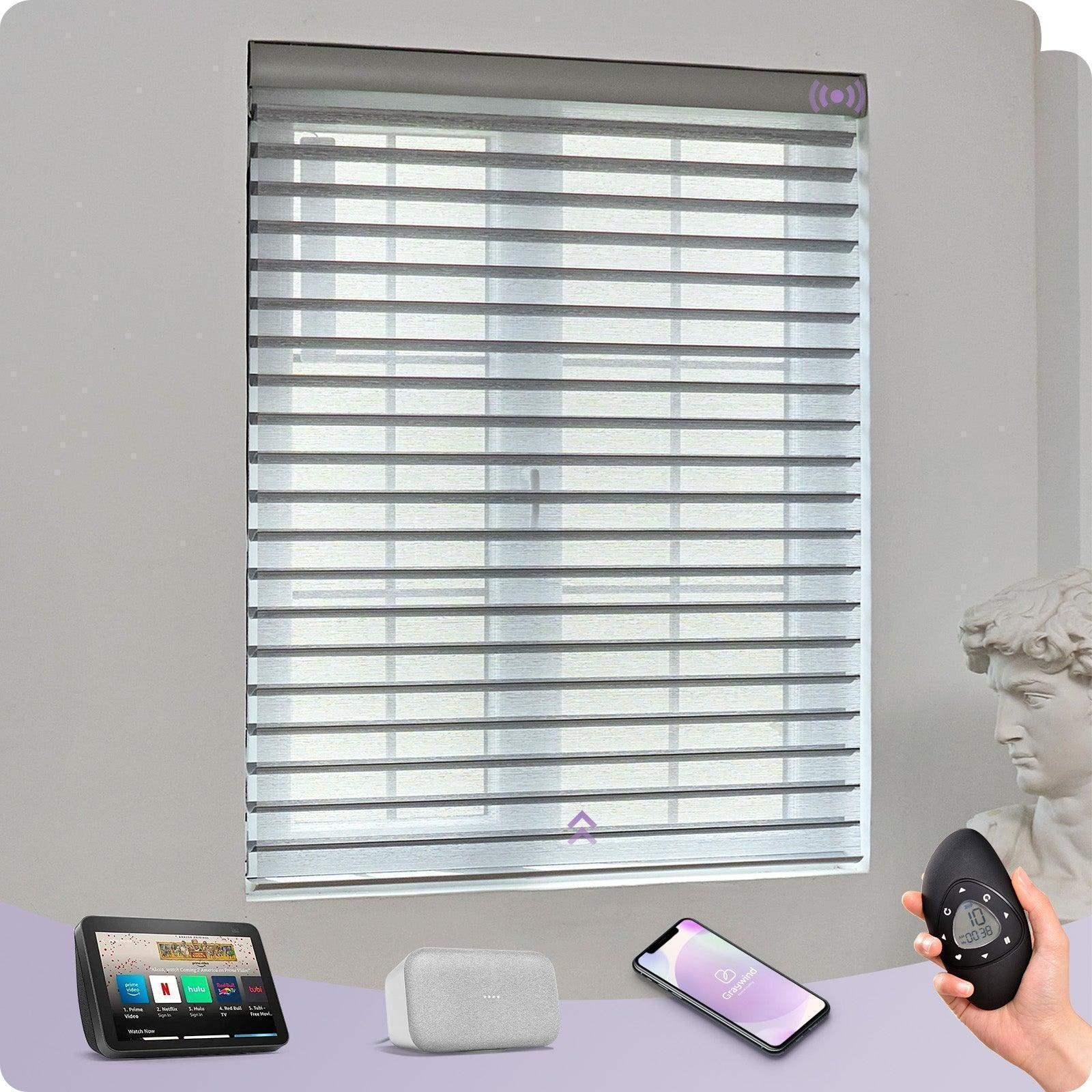 Smart gray jacquard window blind with remote, phone, and voice control devices