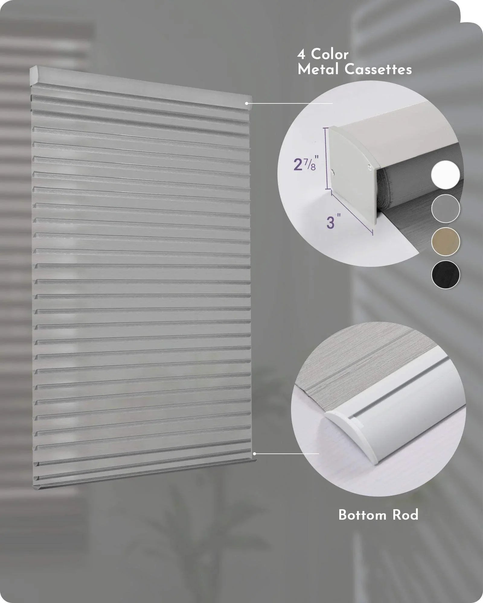 Gray jacquard window blind with metal cassette options and close-up of bottom rod detail.