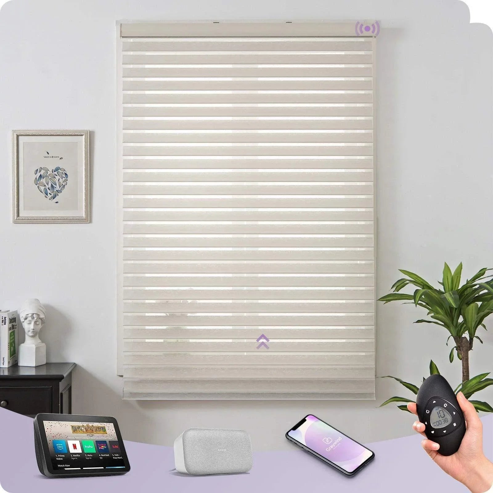 Beige smart zebra roller shade on window, compatible with remote, smartphone, and home assistants