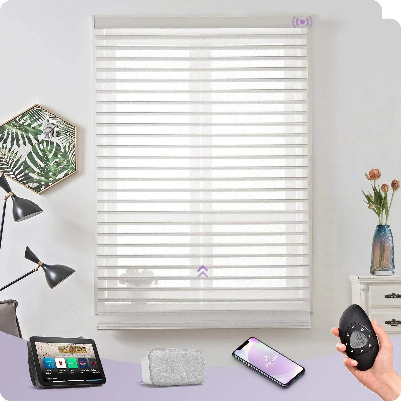 White smart motorized window shades with remote, smartphone, and smart home device controls in a modern living room