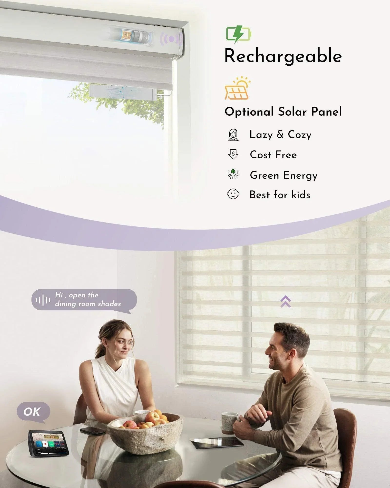 Smart rechargeable window shades with optional solar panel, voice control in modern dining room