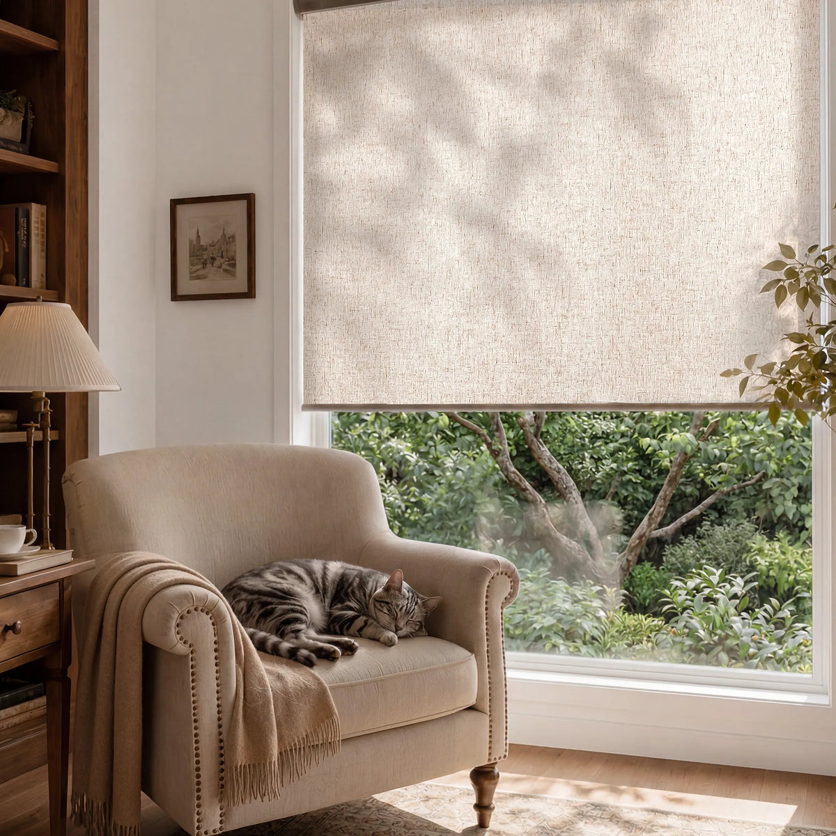 Light filtering roller shades for comfortable light control in a modern living room