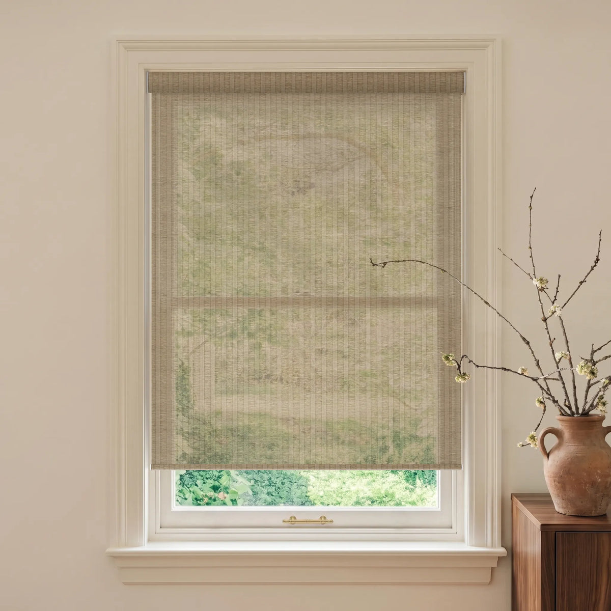 Wheat nature light filtering roller shades with a warm organic woven finish