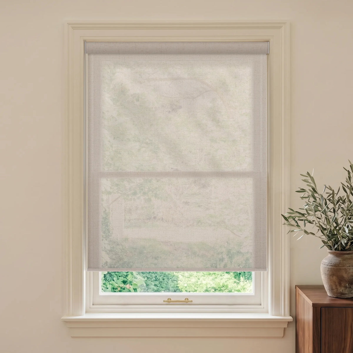Sheer linen beige light filtering roller shades for soft daylight and a natural woven look