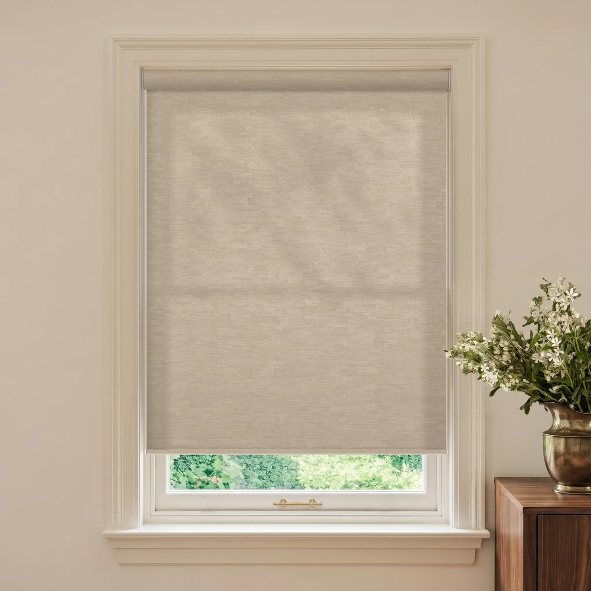 Coffee jacquard textured light filtering roller shades with a decorative woven finish