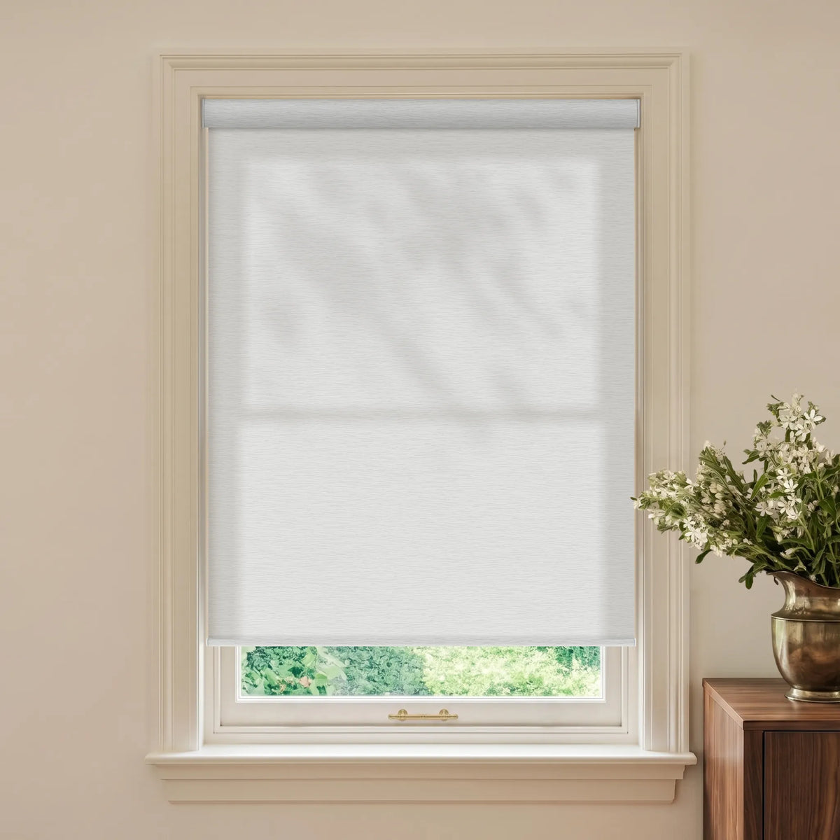 White jacquard textured light filtering roller shades with refined patterned fabric